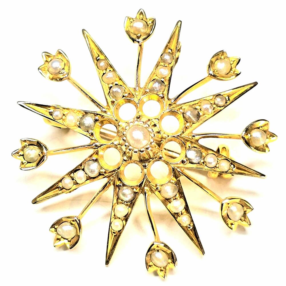 Antique Sun Star 9k Yellow Gold & Genuine Seed Pearl Pendant Brooch